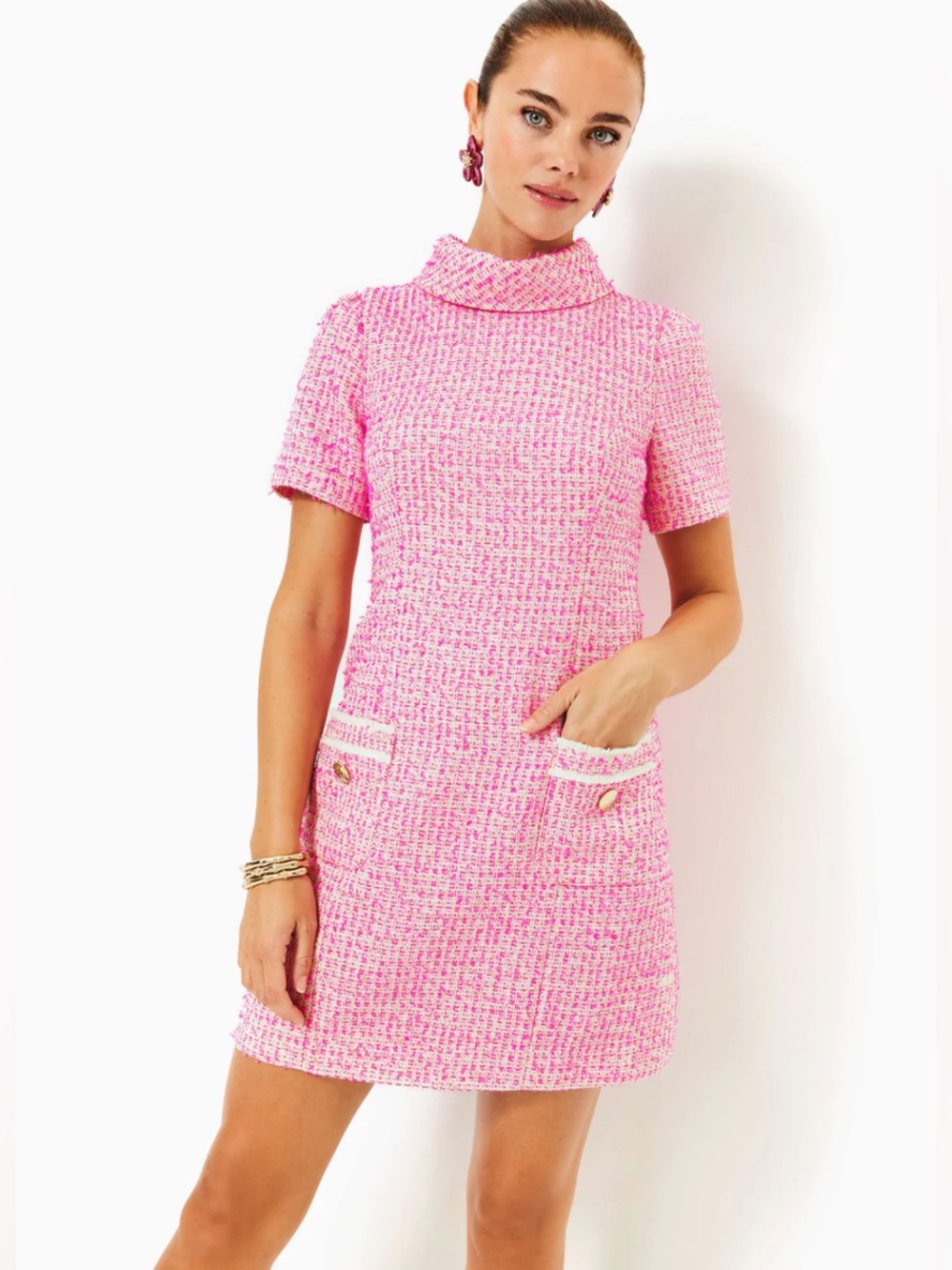 NEW🌸LILLY PULITZER TIESSA SHIFT DRESS Fantasy Boucle Pink Tweed Mock Neck Size 2